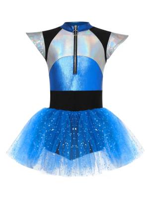 Kids Girls Alien Costume Dress Flutter Sleeve Leotard Tutu Dress front image