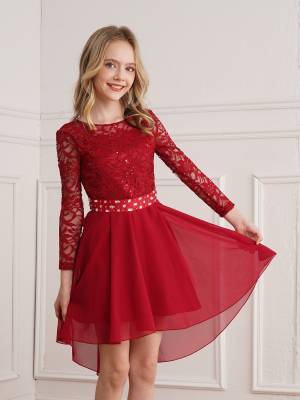 Kids Girls Lace and Chiffon Splicing Long Sleeves Prom Dress back image