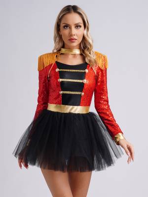 Women Long Sleeve Tassel Sequin Circus Ringmaster Tutu Dress front image