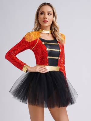 Women Long Sleeve Tassel Sequin Circus Ringmaster Tutu Dress back image