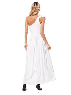 Women Sleeveless One Shoulder Ruffle Side Slit Maxi Dress back image