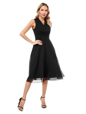 Women Sleeveless V Neck Chiffon Wrap A-Line Bridesmaid Cocktail Dress back image