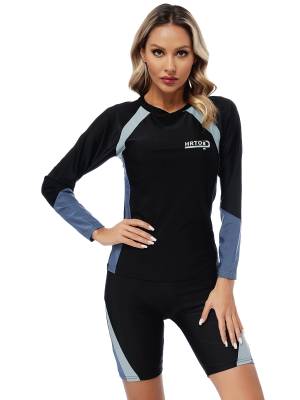 Women 2pcs Long Sleeve Swimsuit Colorblock Rash Guard and Shorts Set back image