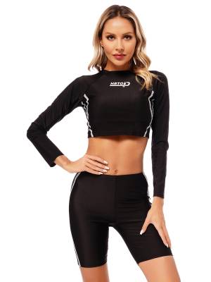 Women 2pcs Long Sleeve Crop Top and Shorts Swimsuit back image