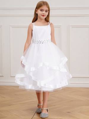 Kids Girl Straps Tiered Tulle Communion Dress with Rhinestone Belt back image