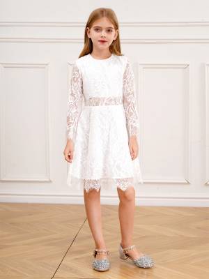 Kids Girls Long Sleeve Floral Lace Flower Girl Dress front image