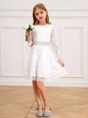 Kids Girls Long Sleeve Floral Lace Flower Girl Dress back image