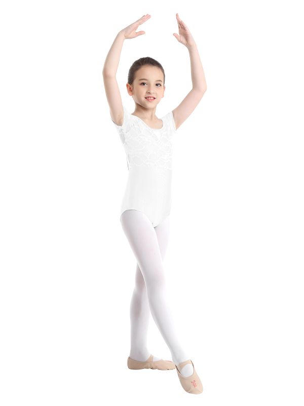 Kids Girls Short Sleeves Floral Lace Ballet Dance Leotard thumb