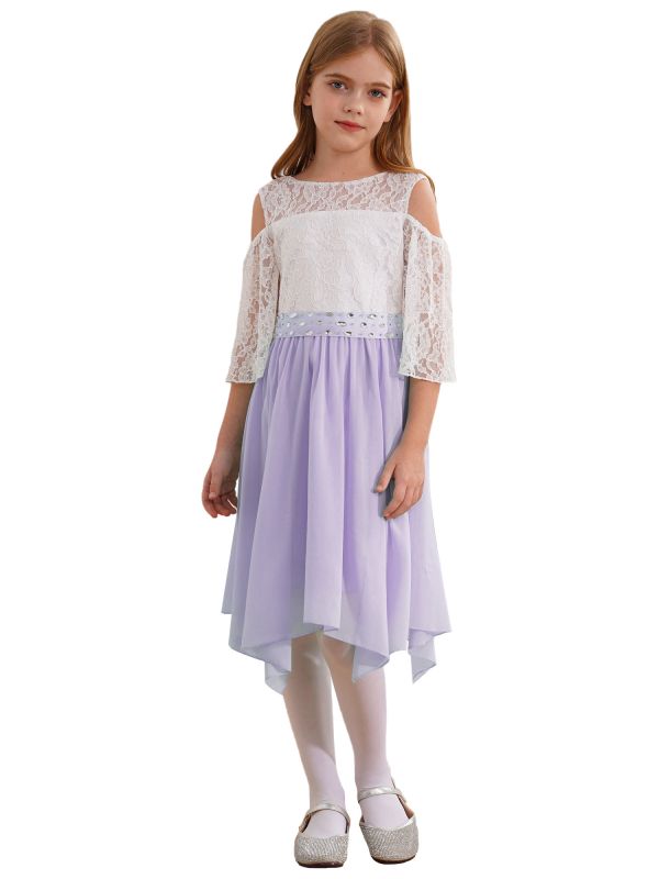 Kids Girls Party Dress with Rhinestone Belt Flare Sleeve Asymmetrical Dress thumb
