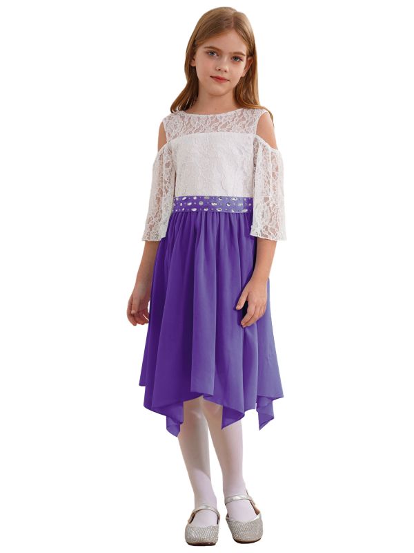 Kids Girls Party Dress with Rhinestone Belt Flare Sleeve Asymmetrical Dress thumb