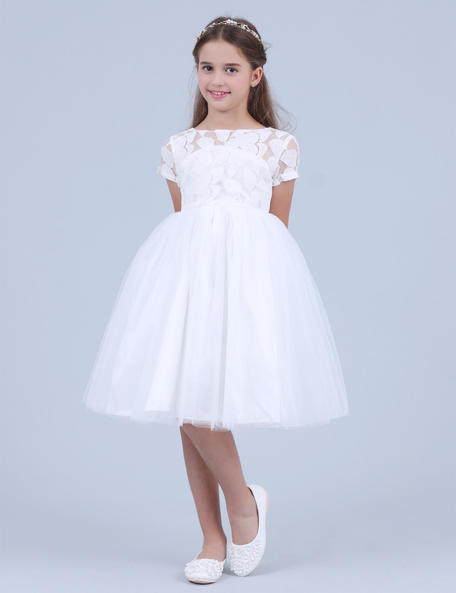 Lace and Mesh White Princess Flower Girl Dress