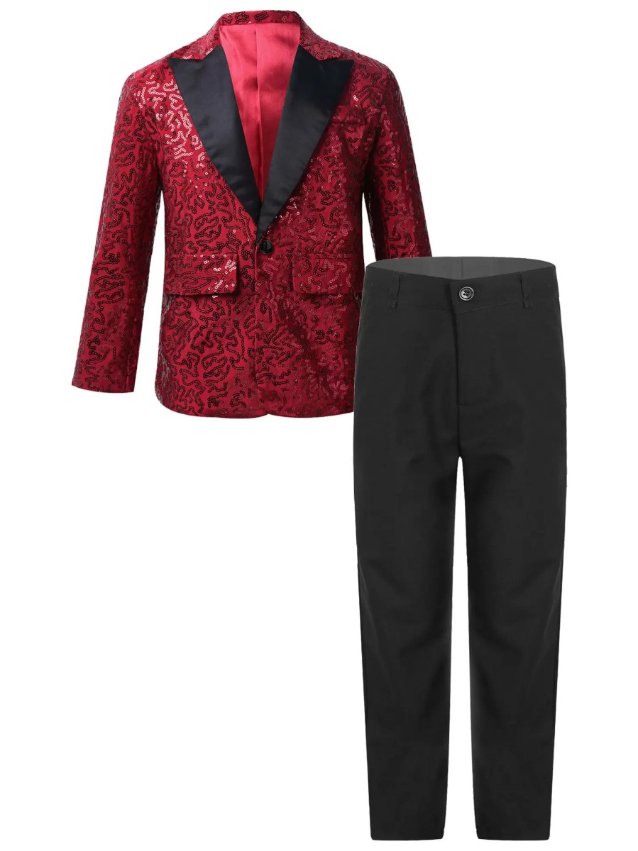 Boys 3pcs Burgundy Sequins Blazer and Pants Suit