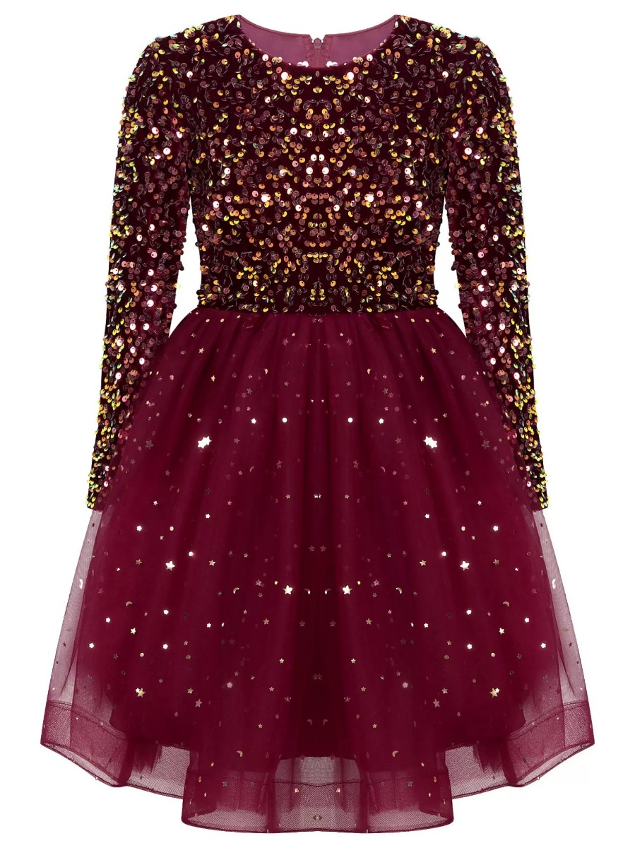 Kids Girls Christmas Sequin Velvet Tulle A-line Dress