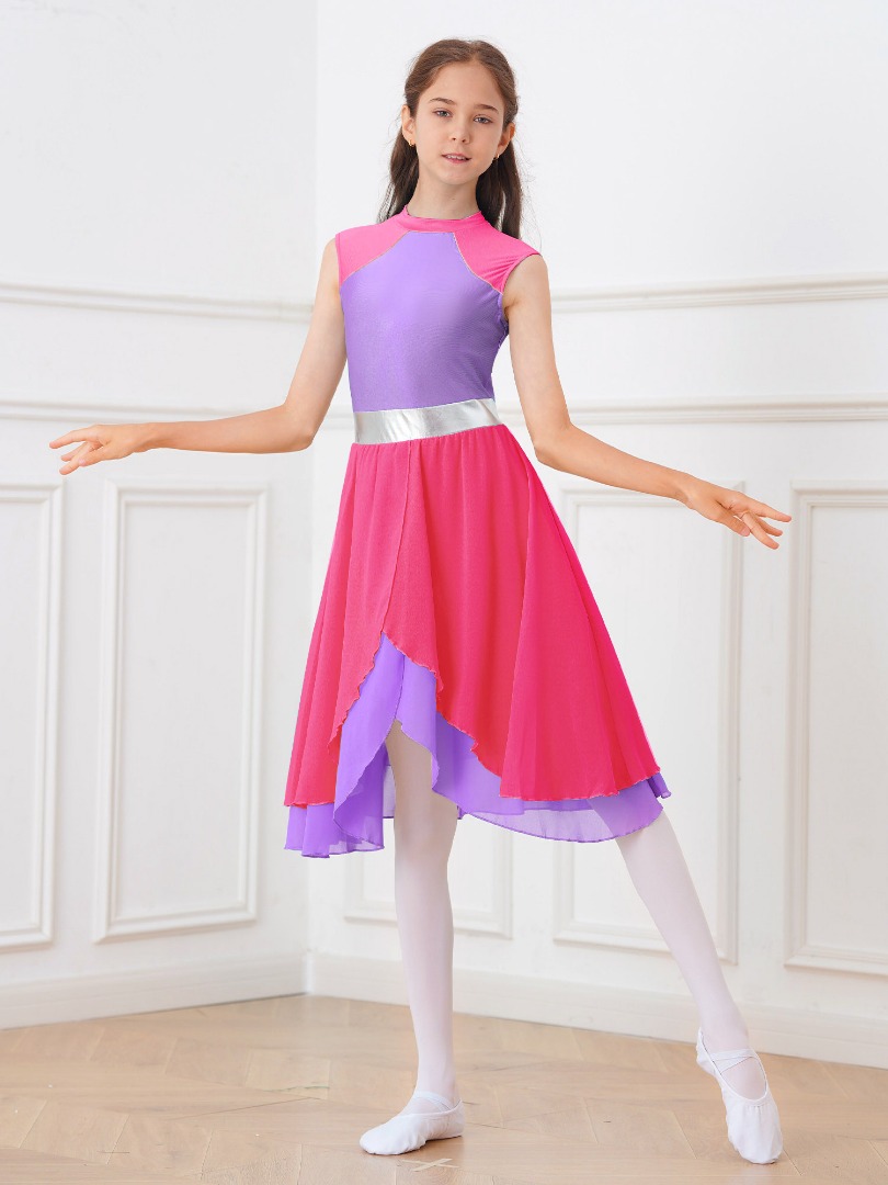 Kids Girls Color Block Tiered Wrapped Hem Worship Dance Dress