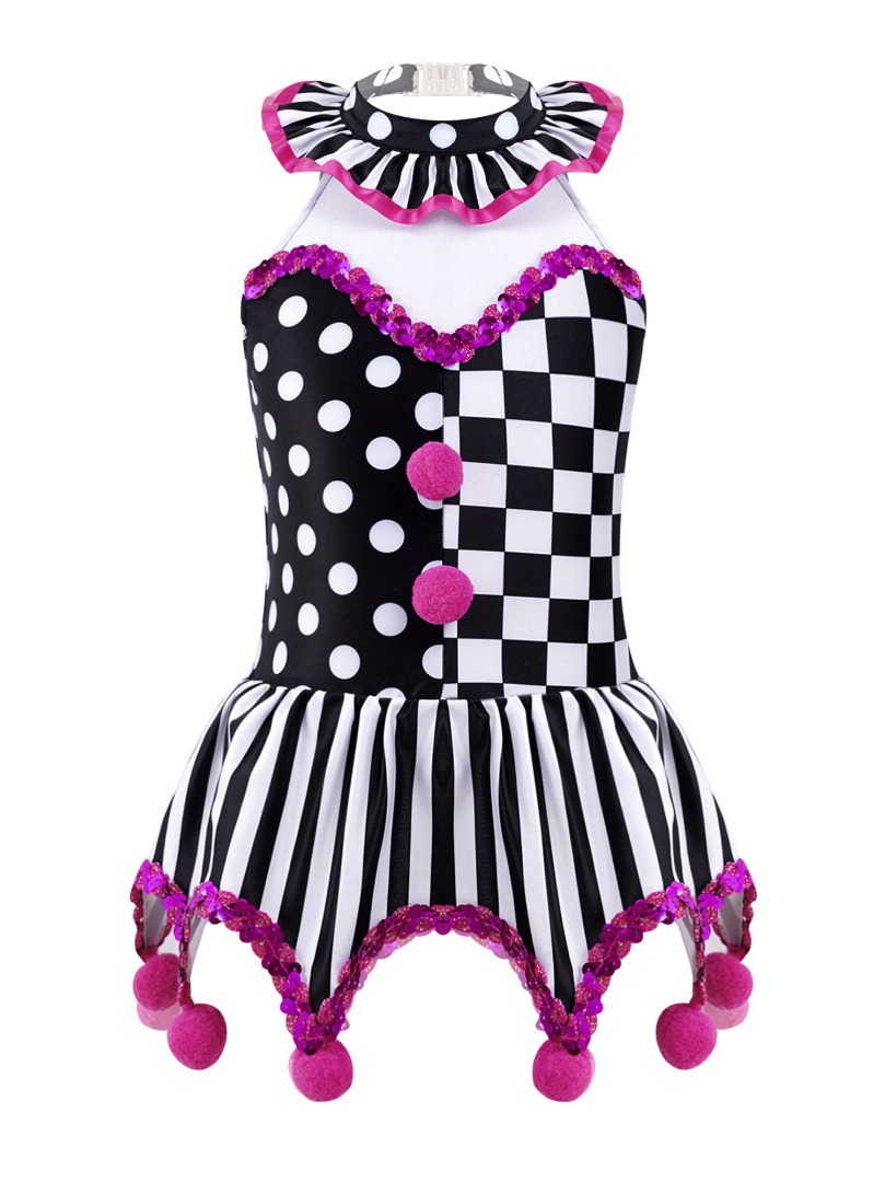 Kids Girls Mini Dress Sleeveless Pompom Circus Clown Costume