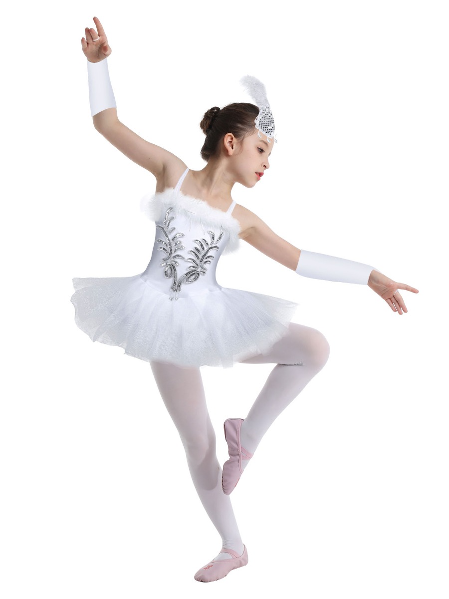 Kids Girls Sequined Beads Ballet Dance Tutu Dress with Gloves Hair Clip