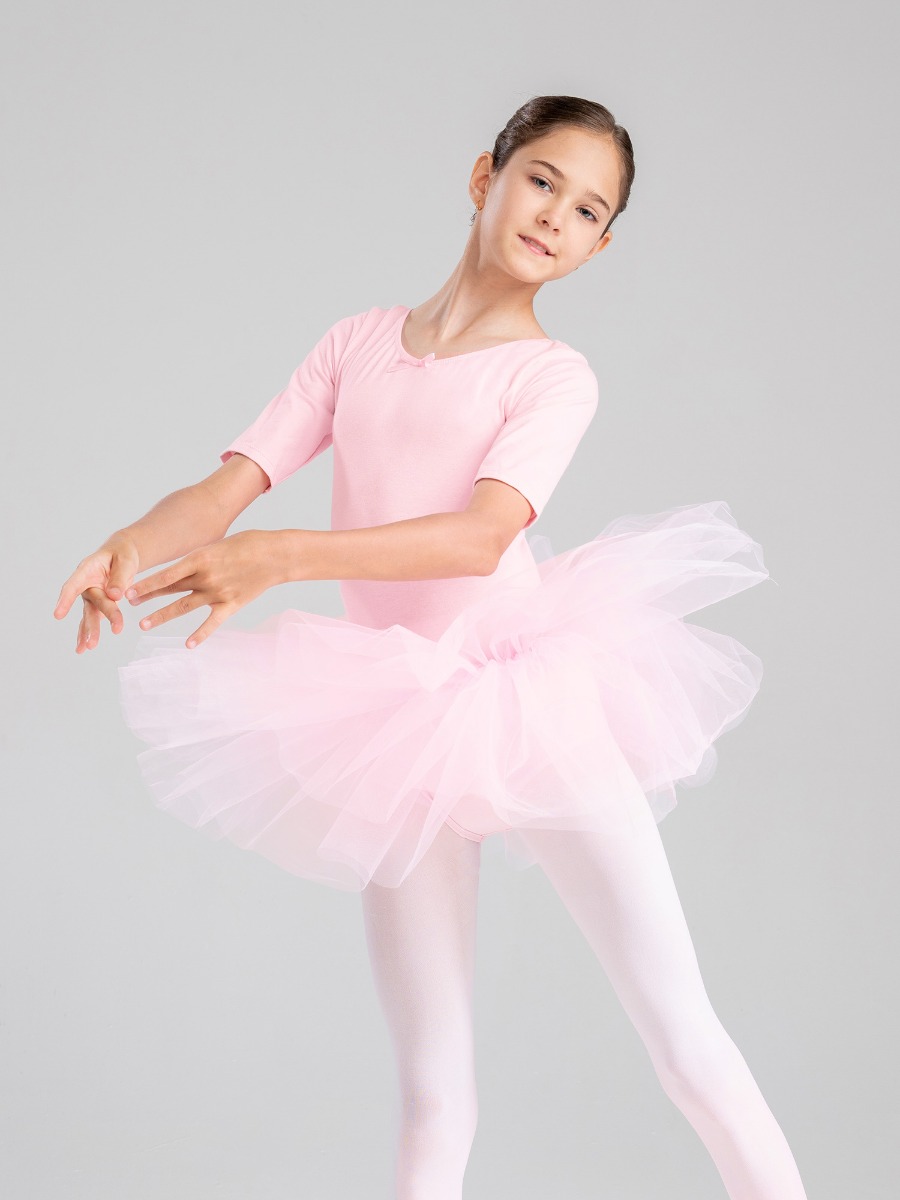 Kids Girls Short Sleeve Cotton Tulle Ballet Dance Tutu Dress