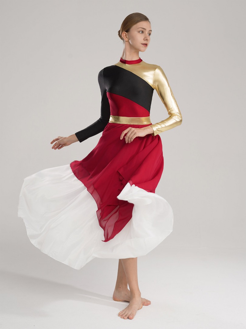 Women Color Block Long Sleeve High Low Worship Dance Dress