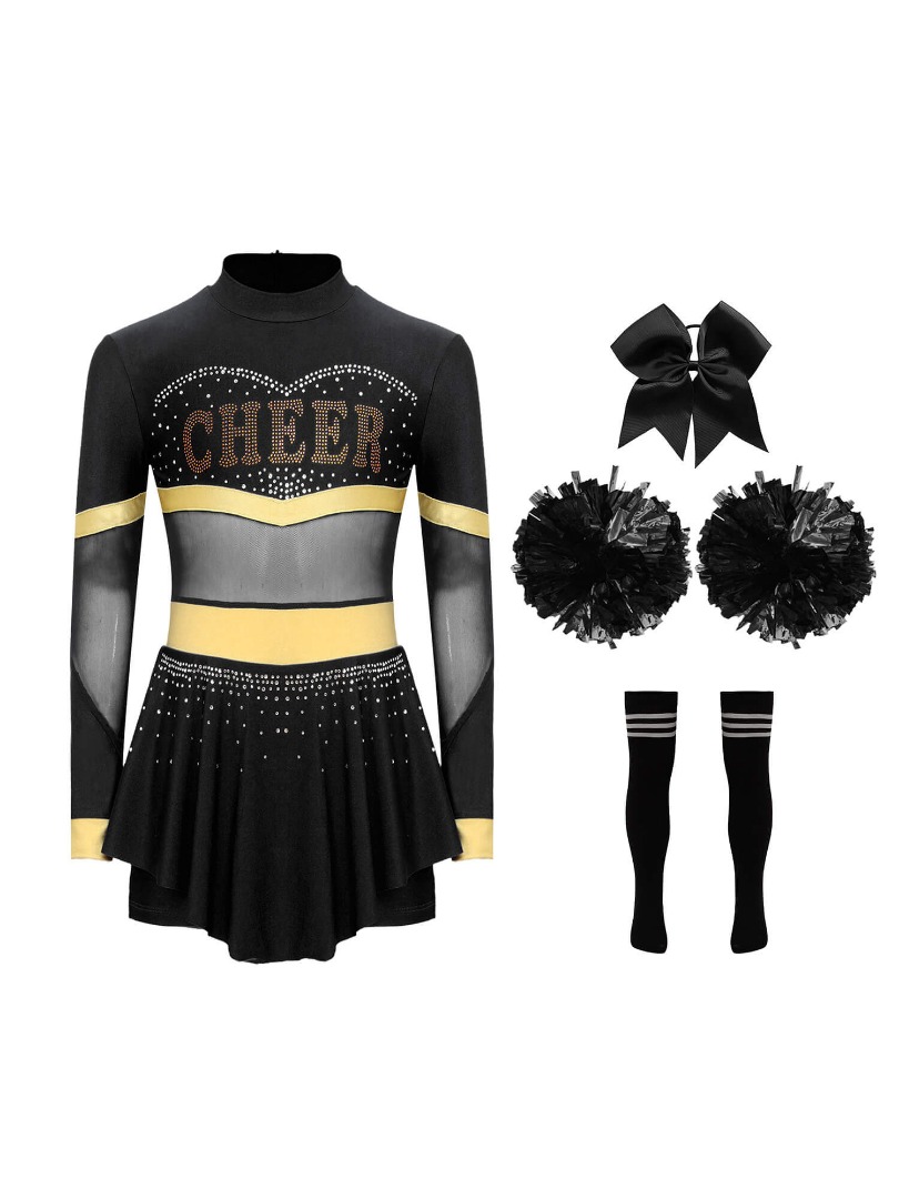 Girls Cheerleading Dance Costume: Long Sleeve Leotard and Stripe Socks