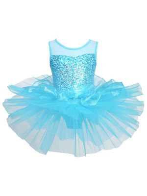 Kids Girls Sleeveless Sequin Ballet Dance Leotard Tutu Dress front image