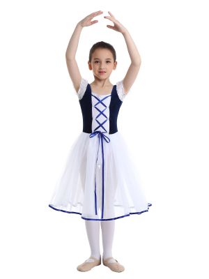 Kids Girls Bubble Sleeves Velvet Mesh Ballet Dance Leotard Dress front image