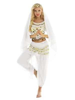 Women 4Pcs Belly Dance Puff Sleeve Sequin Crop Top with Pants Sets front image