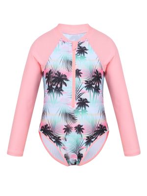 Kids Girls One-piece Long Sleeves Floral Printed Rash Guard Swimsuit front image