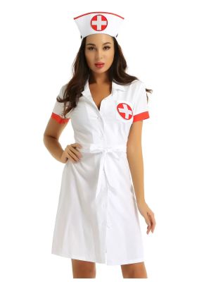 Women Lapel Collar Short Sleeve Dress Nurse Fancy Dress Costume Outfit front image