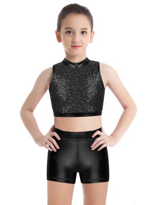 Kids Girls 2pcs Sequins Sleeveless Crop Top and Shorts Set for Jazz Dance front image