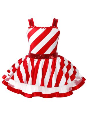 Kids Girls Christmas Sleeveless Sequins Striped Twirling Leotard Dress front image