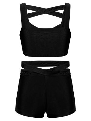 Kids Girls Solid Black Sleeveless Crop Top and Shorts Sport Sets front image