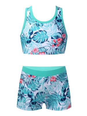 Girls Two Pieces Y-Shaped Back Top and Boyshorts Bottoms Swimsuits Set front image