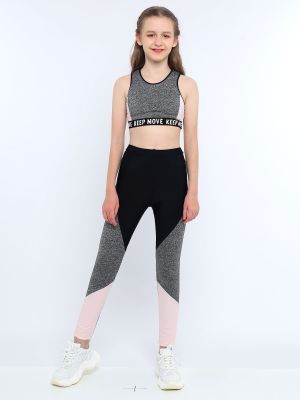 Kids Girls Workout Running Sports Suit Crop Top and Pants Active Sets front image
