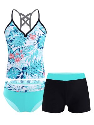Kids Girls 3Pcs Floral Printed Tankini with Shorts Swimsuit Set front image