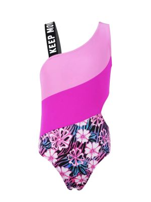 Kids Girls Color Block Floral Print One-Piece Swimsuit front image