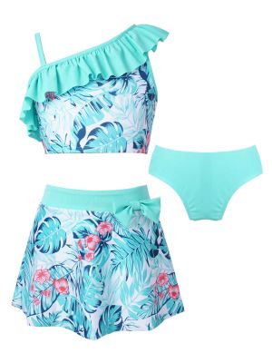Kids Girls 3pcs One Shoulder Ruffle Top with Skirt and Briefs Swim Set front image
