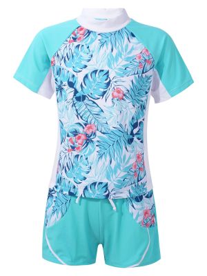 Kids Girls 2pcs Tropical Floral Print Top and Shorts Swimsuit Set front image