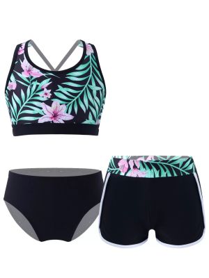 Kids Girls Tropical Flower Print Tankini and Boyshorts Swimsuit Set front image