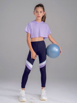 Kids Girls 2Pcs Short Sleeves Hoodie Crop Tops and Pants Sport Set front image