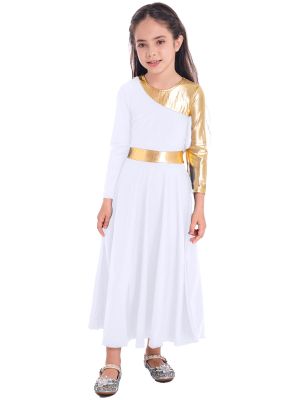 Kids Girls Bell Sleeve Praise Church Worship Dance Loose Midi Dress front image
