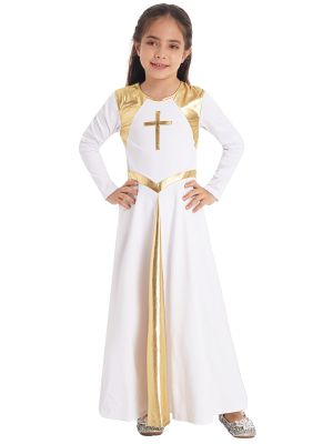 Kids Girls Long Sleeve Cross Pattern Church Worship Praise Dress front image