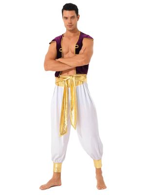 Men 2pcs Arabian Prince Costume Cap Sleeve Vest and Pants Set front image