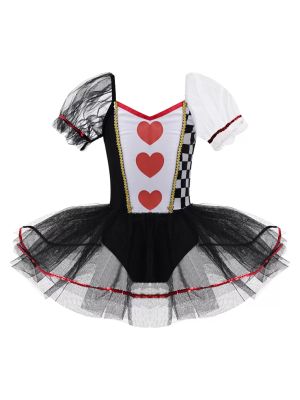 Kids Girls Puff Sleeves Hearts and Checkboard Print Mesh Tutu Dress front image