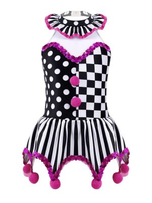 Kids Girls Circus Clown Costume Sleeveless Plaid Polka Dots Dress front image