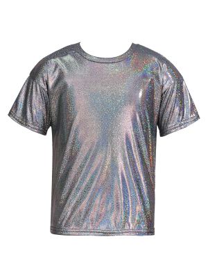 Kids Girls and Boys Short Sleeve Metallic Shiny Jazz Dance T-shirt front image