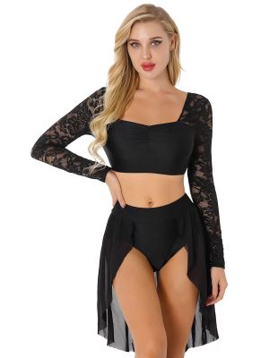 Women 2pcs Long Sleeve Crop Top and Skirted Brief Lyrical Dance Set front image