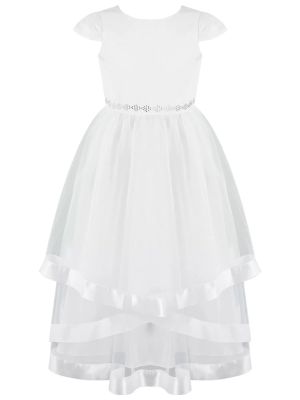 Kids Girls Tulle Tiered Cap Sleeve V-Shaped Back Party Dress front image