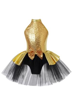 Kids Girls Sleeveless Sequins Bowknot Ballet Dance Tutu Dress front image