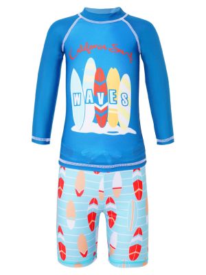 Kids Boys 2pcs Long Sleeves Cartoon Shark Print Swimming Set front image