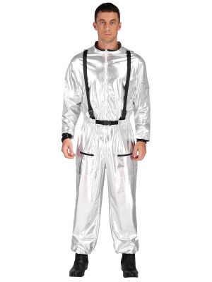 Men Mock Neck Long Sleeve Astronaut Costume Metallic Jumpsuits front image
